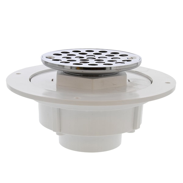 Jones Stephens 2in. PVC Shower Drain with 2in. Brass Spud and 4in. Round Stainless Steel Strainer D50710 - main